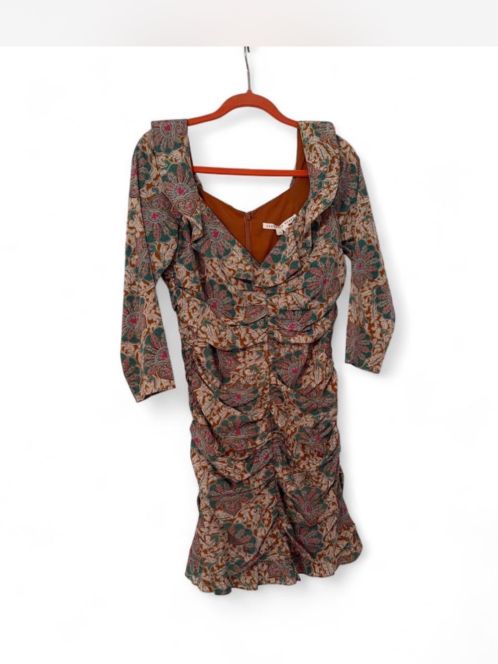 Veronica Beard Floral Ruffled Long-Sleeve Midi Dress in Rust, Teal, Pink